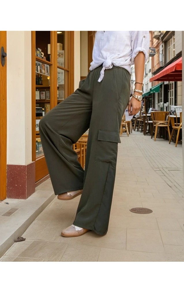 Pasaklı Giyim Kadın Haki Kupra Kumaş Cepli Beli Lastikli Bol Paça Kargo Pantolon 3600308