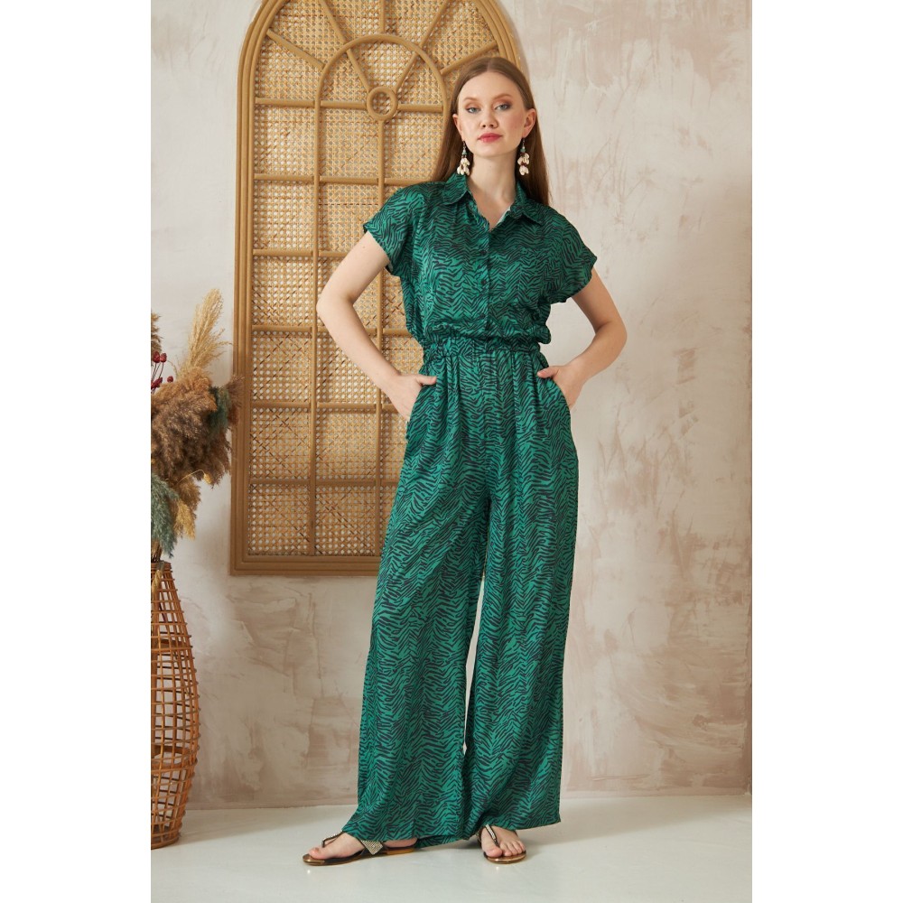 Pasaklı Giyim Pasaklı Giyim Kadın Beli Lastikli Saten Tulum Zümrüt - Premium Kadın Giyim