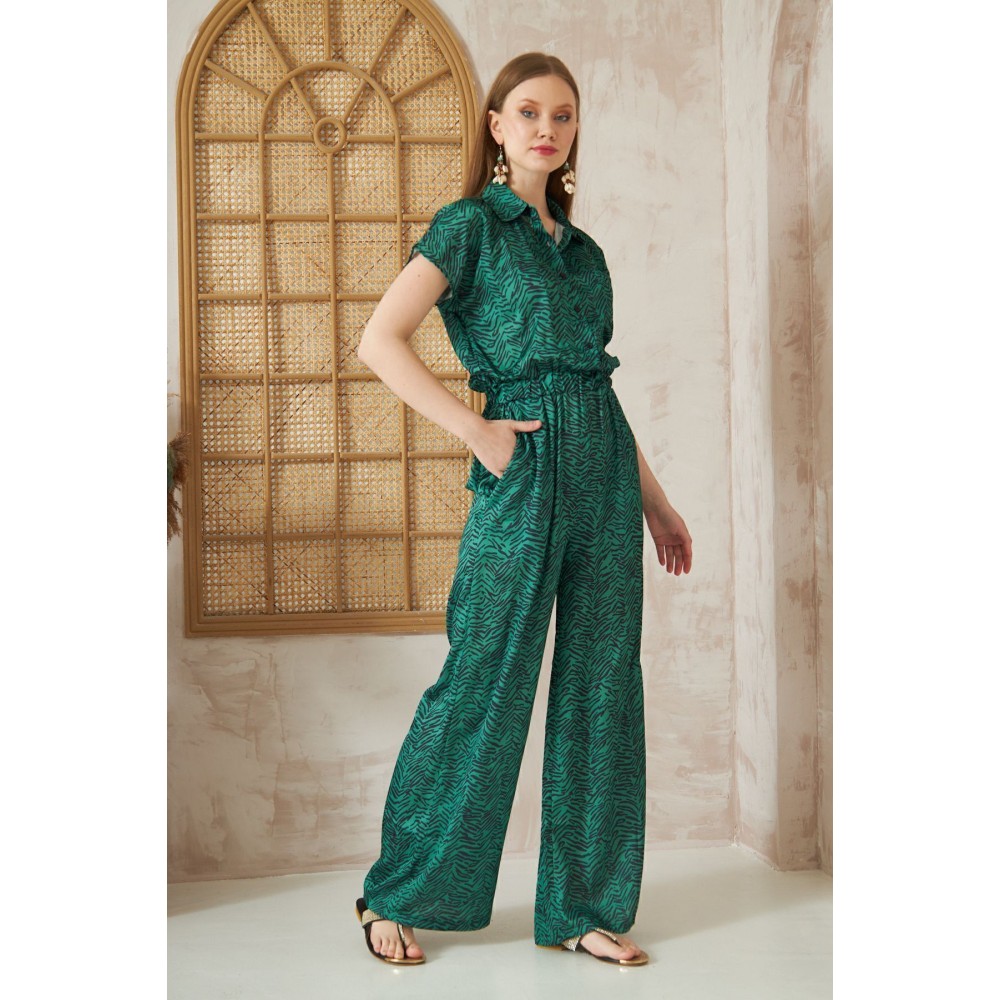 Pasaklı Giyim Pasaklı Giyim Kadın Beli Lastikli Saten Tulum Zümrüt - Premium Kadın Giyim