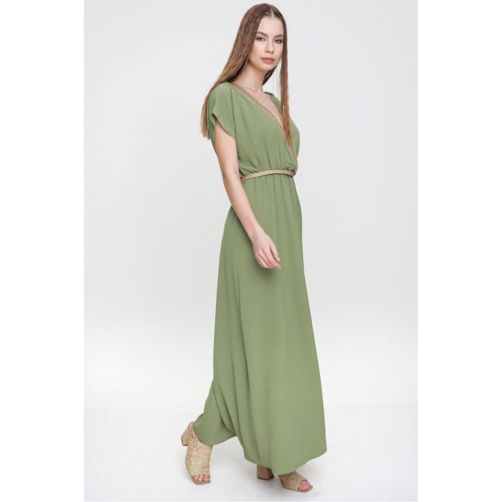 Pasaklı Giyim Pasaklı Giyim Tokalı Hasır Dekolteli Uzun Elbie Haki - Premium Kadın Giyim
