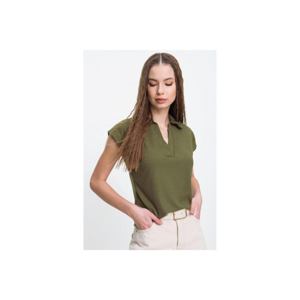 Pasaklı Giyim Pasaklı Giyim Kadın Kaşkorse Viskon Polo Yaka T-shirt Haki - Premium Kadın Giyim