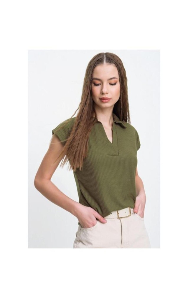 Pasaklı Giyim Kadın Kaşkorse Viskon Polo Yaka T-shirt 2879242 Haki