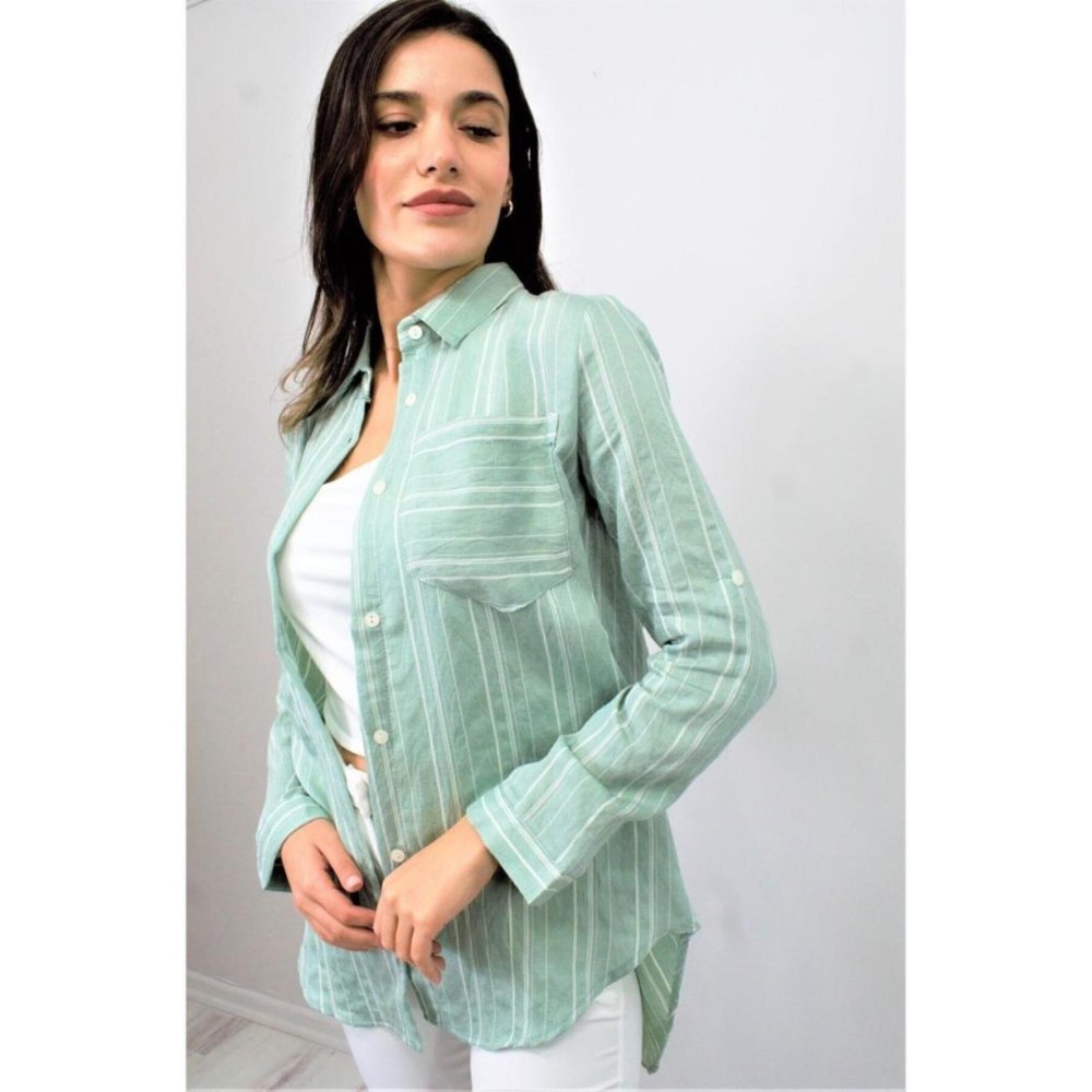 Pasaklı Giyim Pasaklı Giyim Kadın Çizgili Gömlek Yeşil - Premium Kadın Giyim