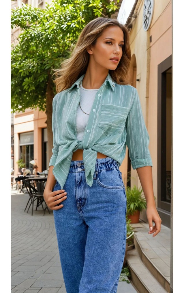 Pasaklı Giyim Kadın Çizgili Gömlek 3266190 Yeşil