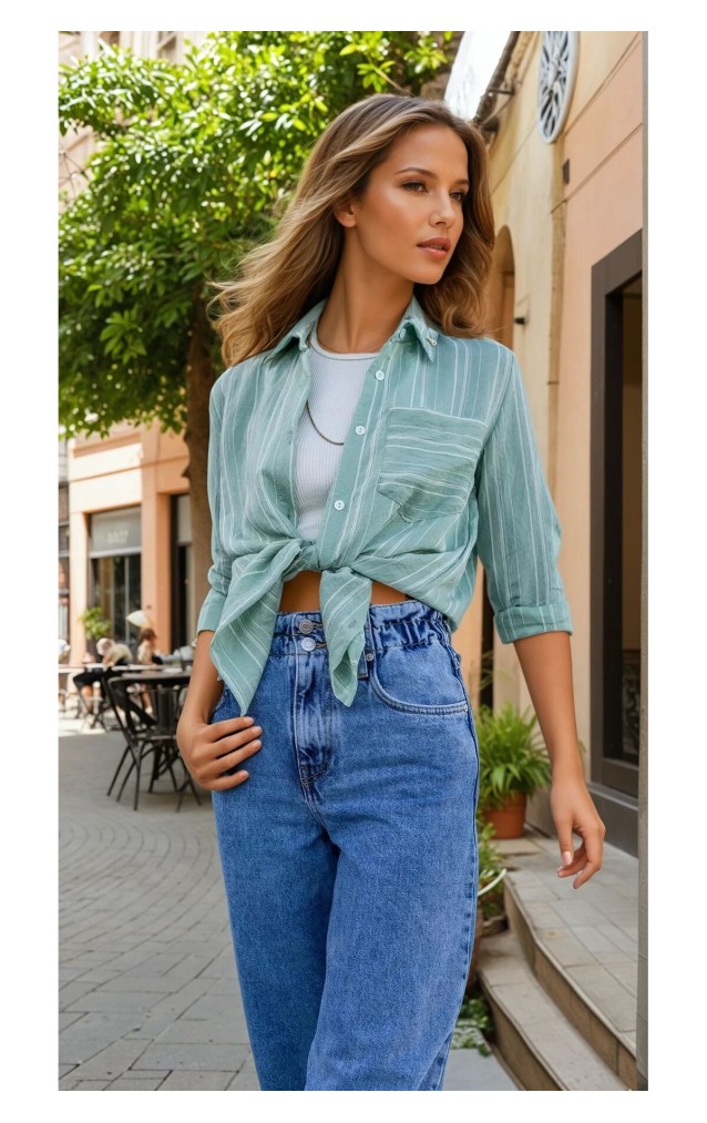 Pasaklı Giyim Kadın Çizgili Gömlek 3266190 Yeşil