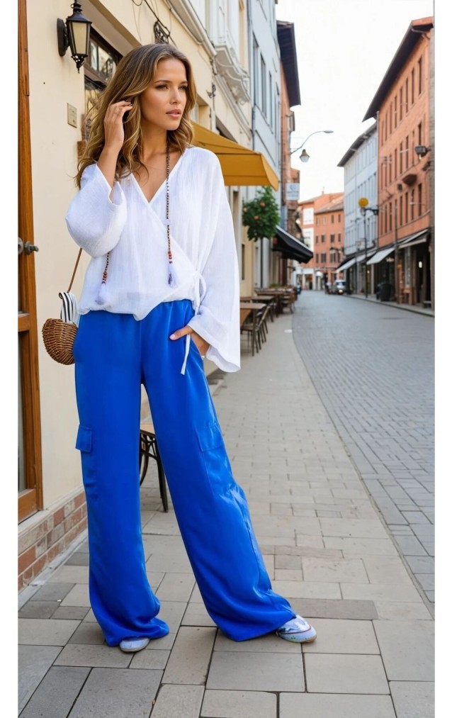 Pasaklı Giyim Kadın Indigo Kupra Kumaş Cepli Beli Lastikli Bol Paça Kargo Mavi Indigo Pantolon 3600308