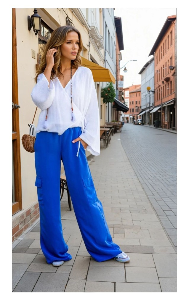 Pasaklı Giyim Kadın Indigo Kupra Kumaş Cepli Beli Lastikli Bol Paça Kargo Mavi Indigo Pantolon 3600308