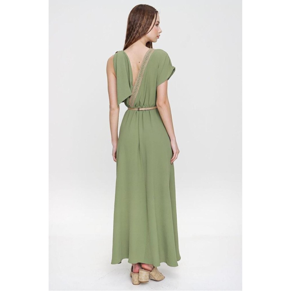 Pasaklı Giyim Pasaklı Giyim Tokalı Hasır Dekolteli Uzun Elbie Haki - Premium Kadın Giyim