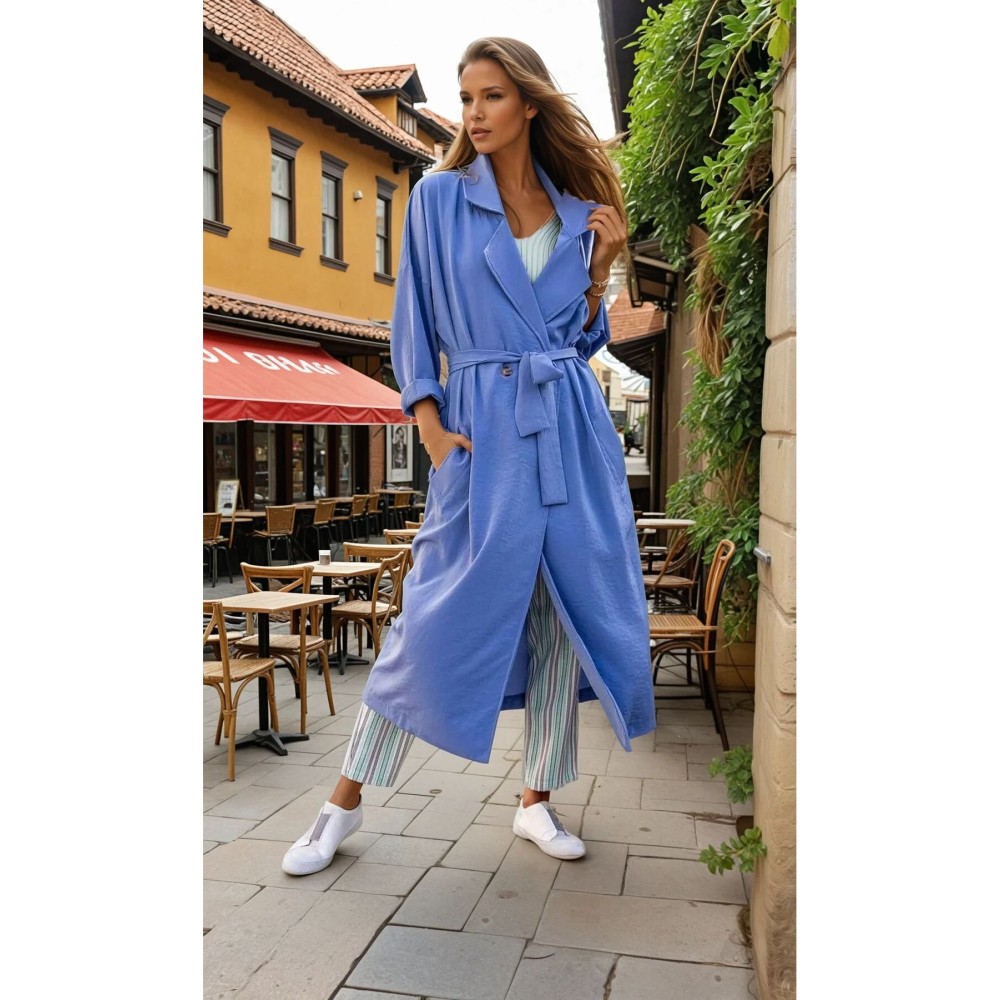 Pasaklı Giyim Pasaklı Giyim Kadın Ekstra Oversize Trençkot Mavi - Premium Kadın Giyim