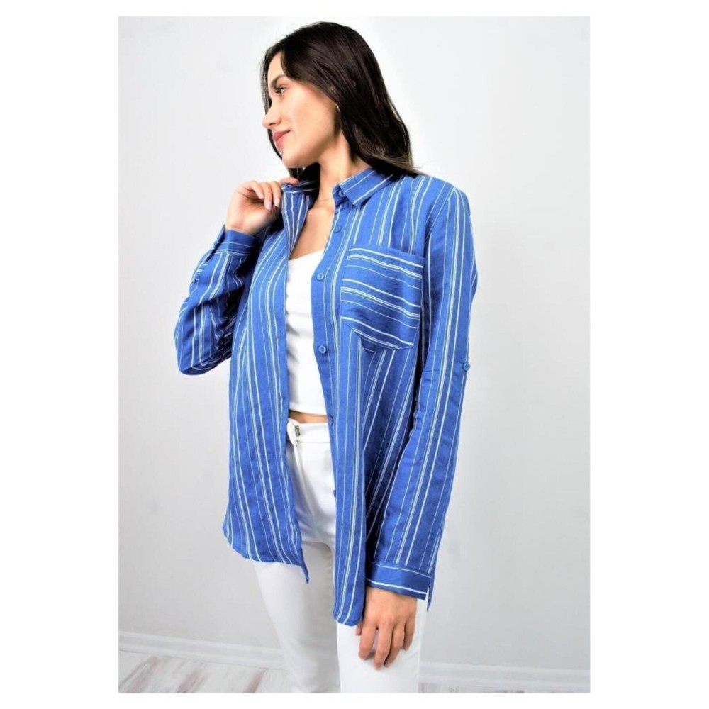 Pasaklı Giyim Pasaklı Giyim Kadın Çizgili Gömlek İndigo - Premium Kadın Giyim