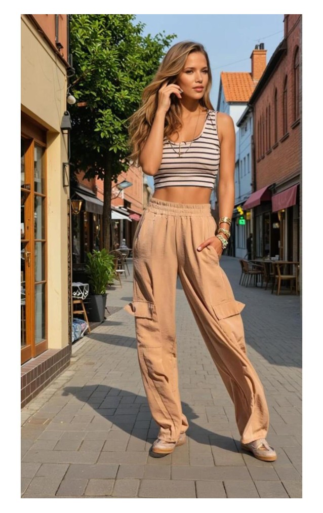 Pasaklı Giyim Kadın Bej Kupra Kumaş Cepli Beli Lastikli Bol Paça Kargo Pantolon 3600308