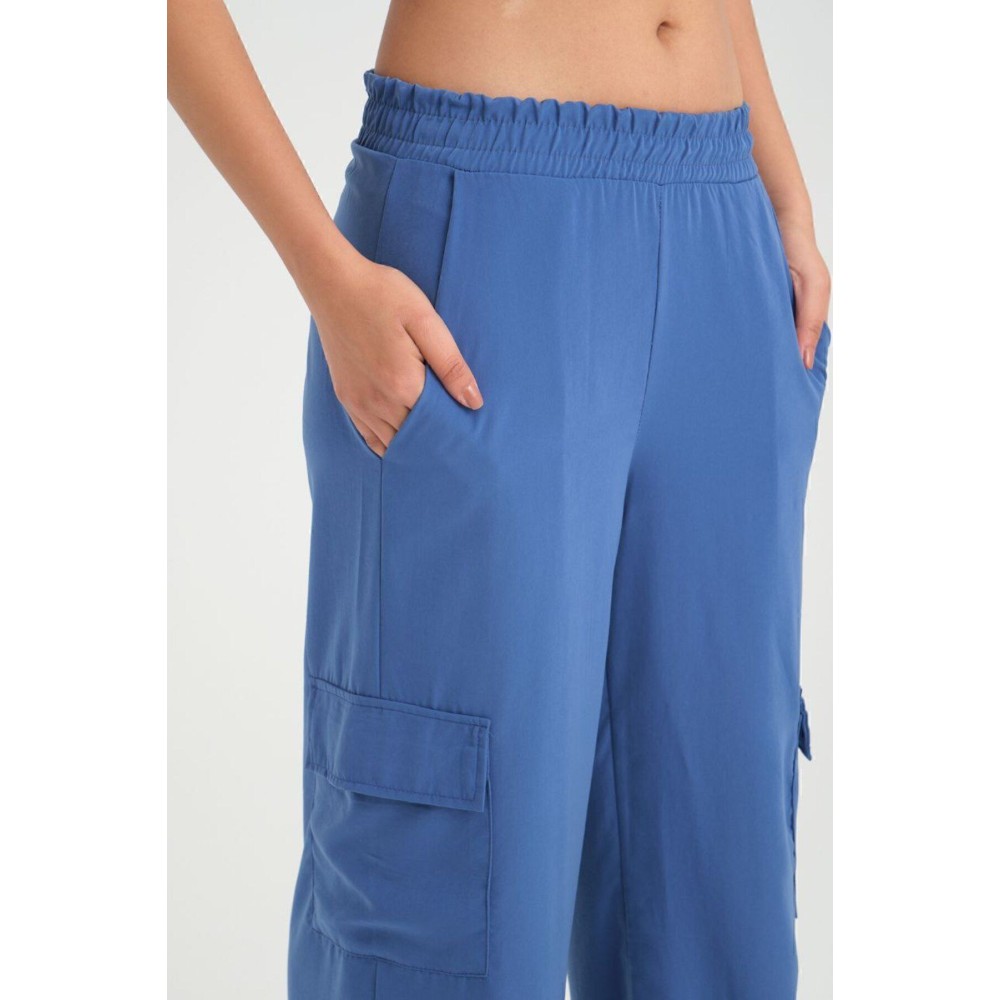 Pasaklı Giyim Pasaklı Giyim Kadın Indigo Kupra Kumaş Cepli Beli Lastikli Bol Paça Kargo Mavi Indigo Pantolon - Premium Kadın Giyim