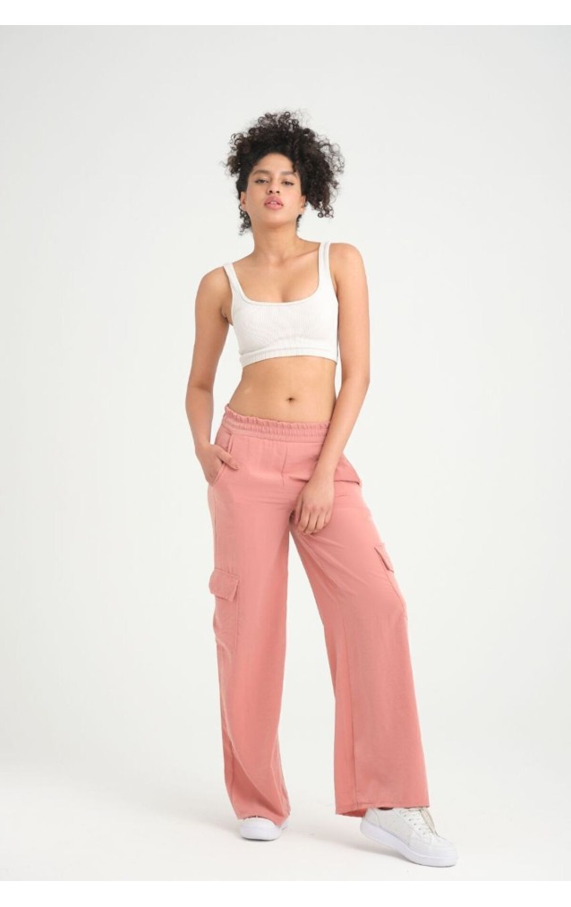 Pasaklı Giyim Kadın Gülkurusu Kupra Kumaş Cepli Beli Lastikli Bol Paça Kargo Pantolon 3600308