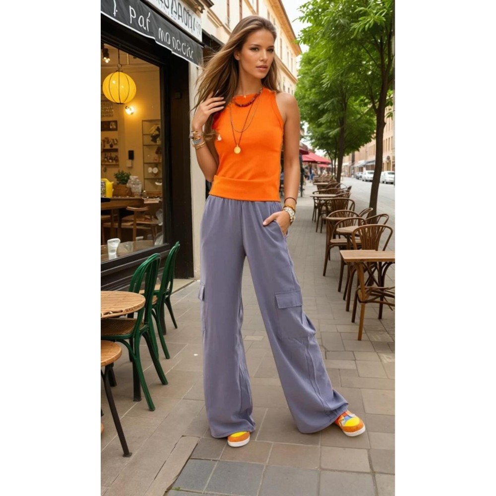 Pasaklı Giyim Pasaklı Giyim Kadın Kaliteli Yumuşak Kupra Kumaş Cepli Beli Lastikli Bol Paça Kargo Pantolon Gri - Premium Kadın Giyim