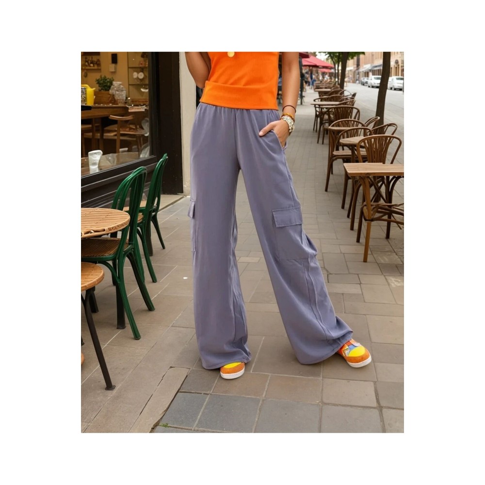 Pasaklı Giyim Pasaklı Giyim Kadın Kaliteli Yumuşak Kupra Kumaş Cepli Beli Lastikli Bol Paça Kargo Pantolon Gri - Premium Kadın Giyim