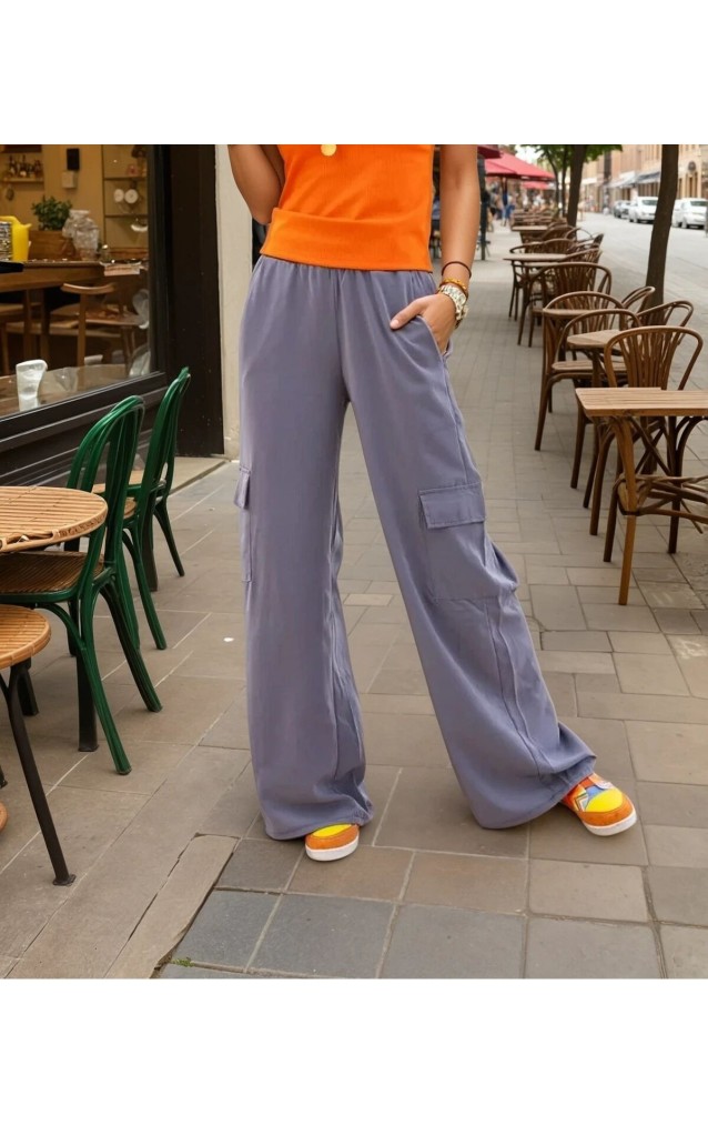 Pasaklı Giyim Kadın Kaliteli Yumuşak Kupra Kumaş Cepli Beli Lastikli Bol Paça Kargo Pantolon Gri 3600308