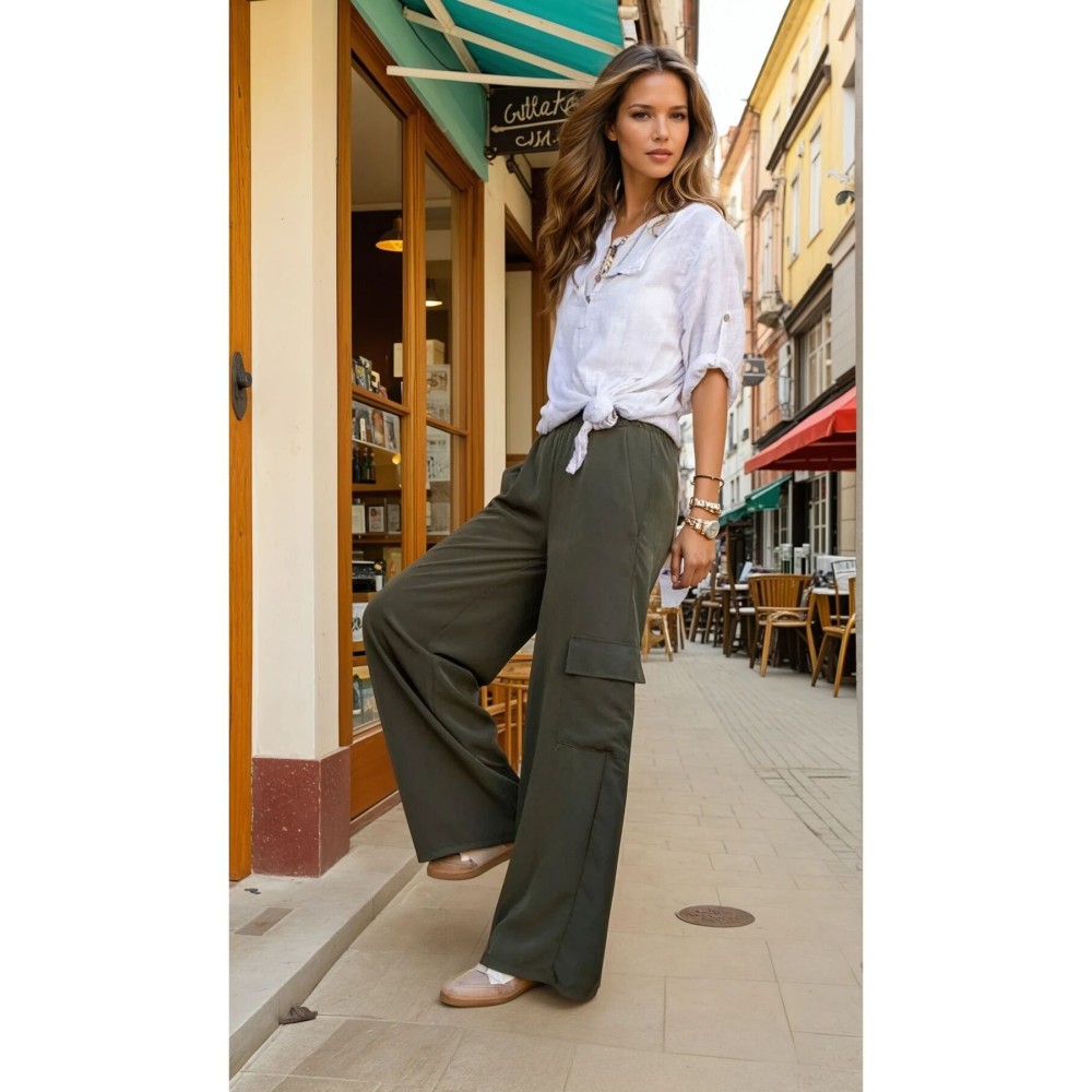 Pasaklı Giyim Pasaklı Giyim Kadın Haki Kupra Kumaş Cepli Beli Lastikli Bol Paça Kargo Pantolon - Premium Kadın Giyim