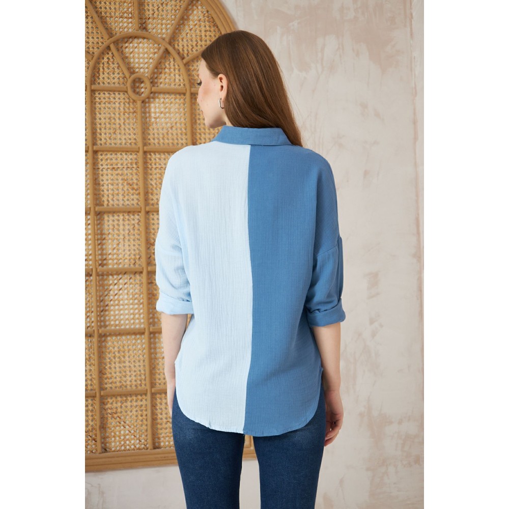 Pasaklı Giyim Pasaklı Giyim Kadın Müslin %100 Pamuk Salaş Gömlek Mavi-Beyaz - Premium Kadın Giyim