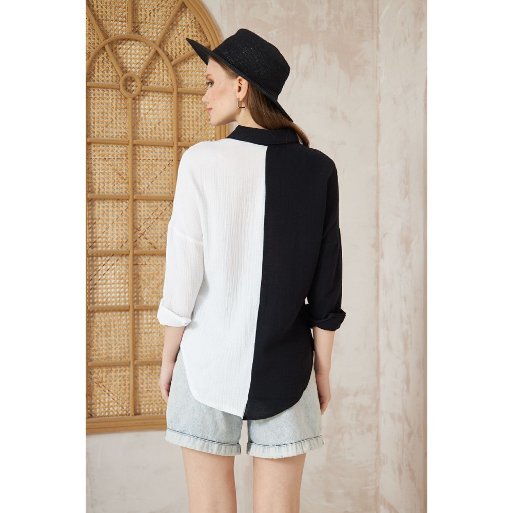 Pasaklı Giyim Pasaklı Giyim Kadın Müslin %100 Pamuk Salaş Gömlek Siyah Beyaz - Premium Kadın Giyim