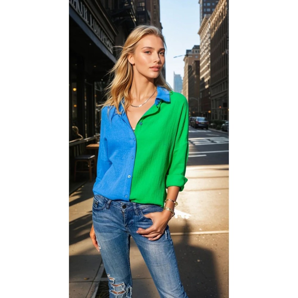 Pasaklı Giyim Pasaklı Giyim Kadın Müslin %100 Pamuk Salaş Gömlek Mavi-Yeşil - Premium Kadın Giyim