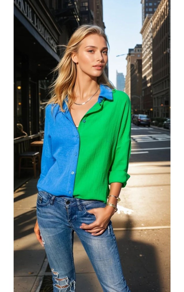 Pasaklı Giyim Kadın Müslin %100 Pamuk Salaş Gömlek 3458275 Mavi-Yeşil