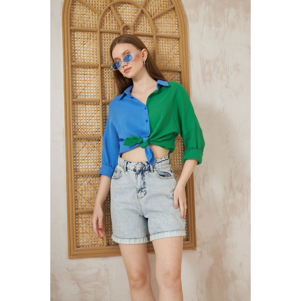 Pasaklı Giyim Pasaklı Giyim Kadın Müslin %100 Pamuk Salaş Gömlek Mavi-Yeşil - Premium Kadın Giyim