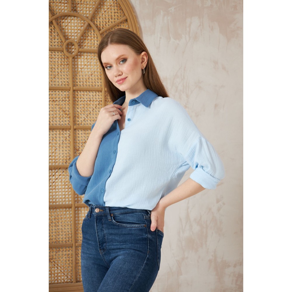 Pasaklı Giyim Pasaklı Giyim Kadın Müslin %100 Pamuk Salaş Gömlek Mavi-Beyaz - Premium Kadın Giyim