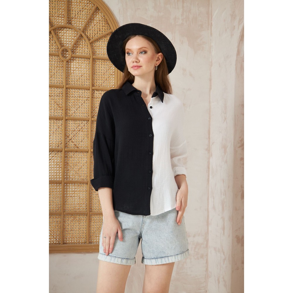 Pasaklı Giyim Pasaklı Giyim Kadın Müslin %100 Pamuk Salaş Gömlek Siyah Beyaz - Premium Kadın Giyim