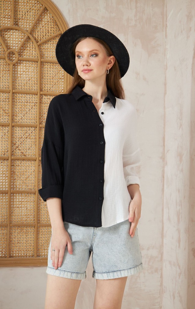 Pasaklı Giyim Kadın Müslin %100 Pamuk Salaş Gömlek 3458275 Siyah Beyaz