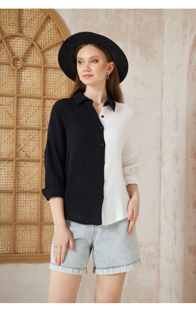 Pasaklı Giyim Kadın Müslin %100 Pamuk Salaş Gömlek 3458275 Siyah Beyaz