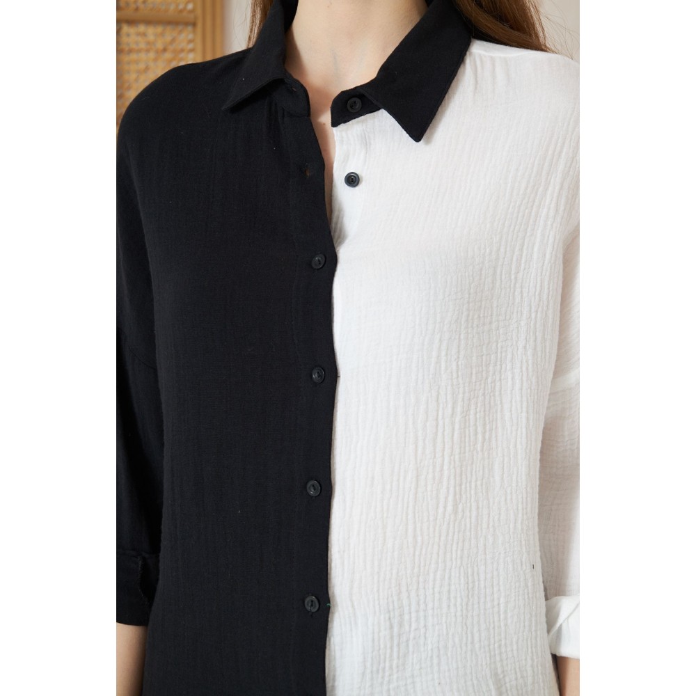 Pasaklı Giyim Pasaklı Giyim Kadın Müslin %100 Pamuk Salaş Gömlek Siyah Beyaz - Premium Kadın Giyim