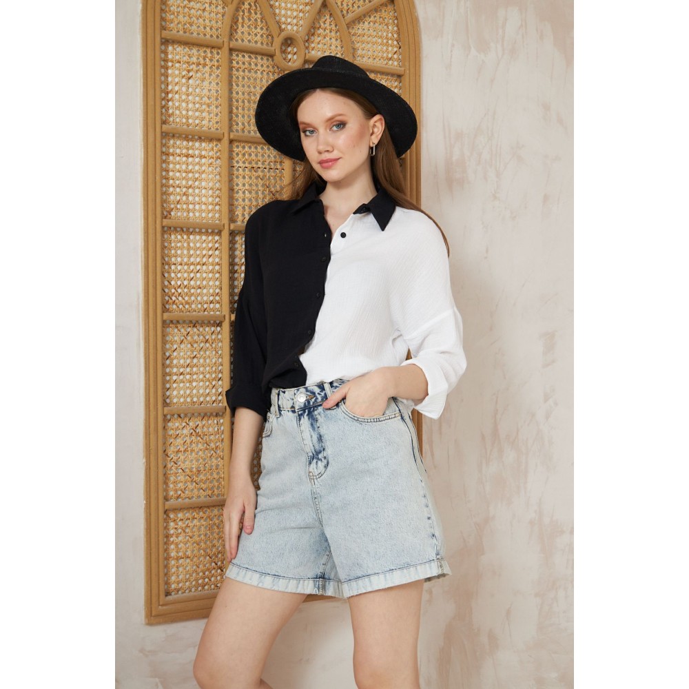 Pasaklı Giyim Pasaklı Giyim Kadın Müslin %100 Pamuk Salaş Gömlek Siyah Beyaz - Premium Kadın Giyim