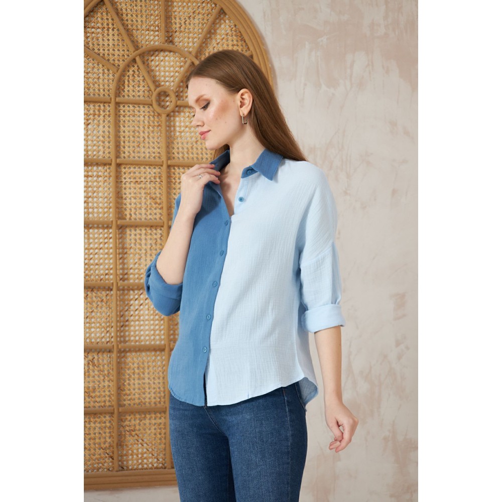 Pasaklı Giyim Pasaklı Giyim Kadın Müslin %100 Pamuk Salaş Gömlek Mavi-Beyaz - Premium Kadın Giyim
