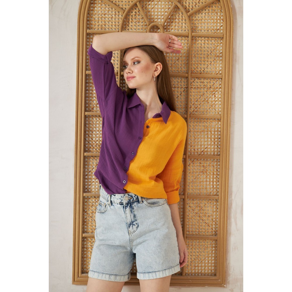 Pasaklı Giyim Pasaklı Giyim Kadın Müslin %100 Pamuk Salaş Gömlek Mor-Turuncu - Premium Kadın Giyim