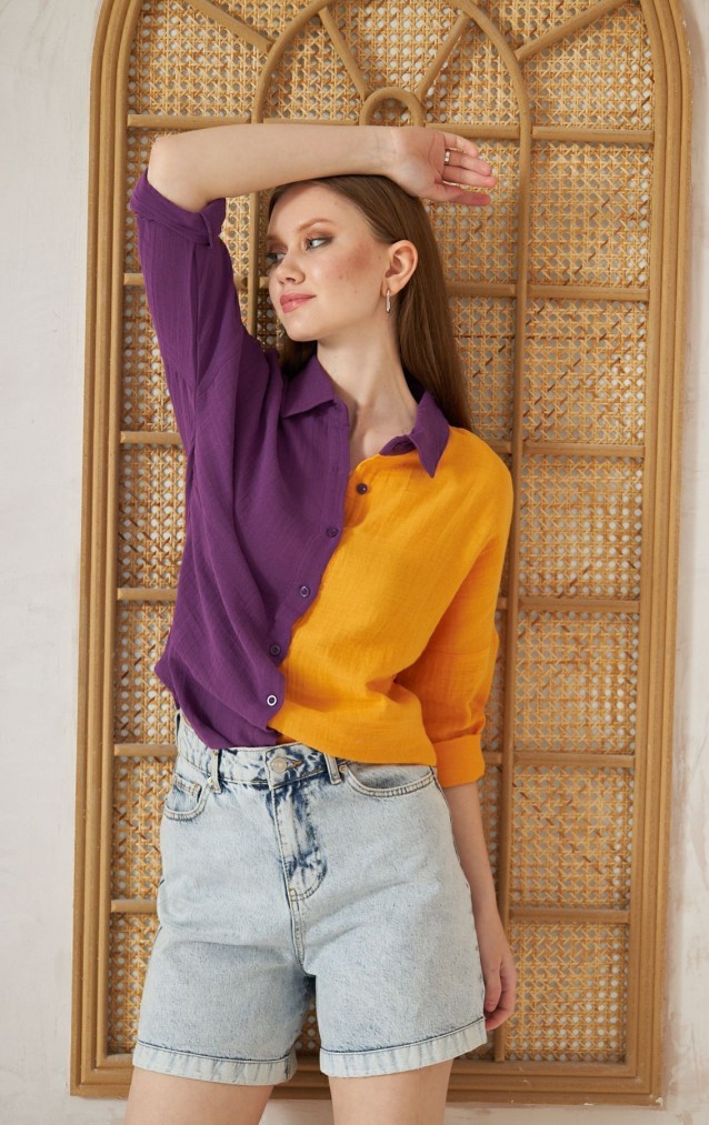 Pasaklı Giyim Kadın Müslin %100 Pamuk Salaş Gömlek 3458275  Mor-Turuncu