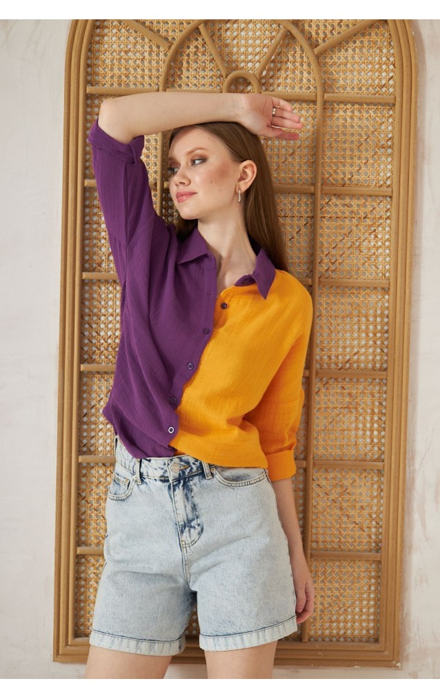 Pasaklı Giyim Kadın Müslin %100 Pamuk Salaş Gömlek 3458275  Mor-Turuncu
