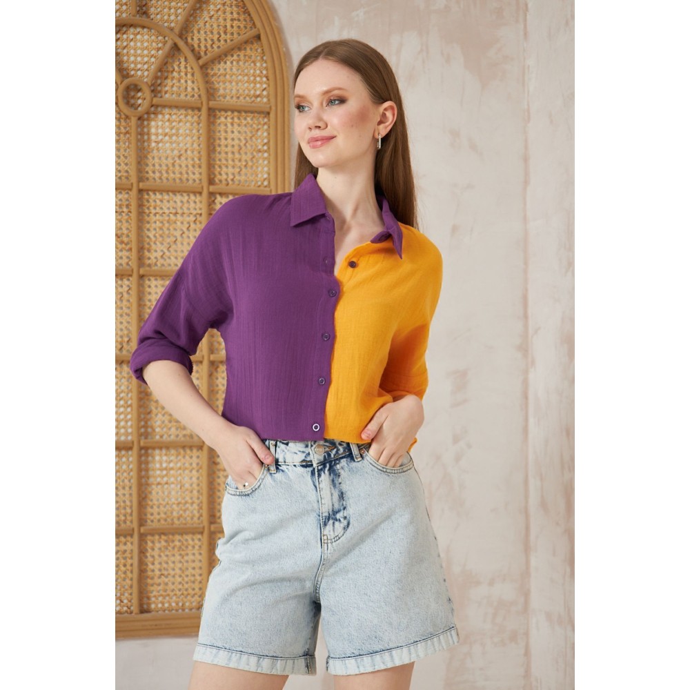 Pasaklı Giyim Pasaklı Giyim Kadın Müslin %100 Pamuk Salaş Gömlek Mor-Turuncu - Premium Kadın Giyim