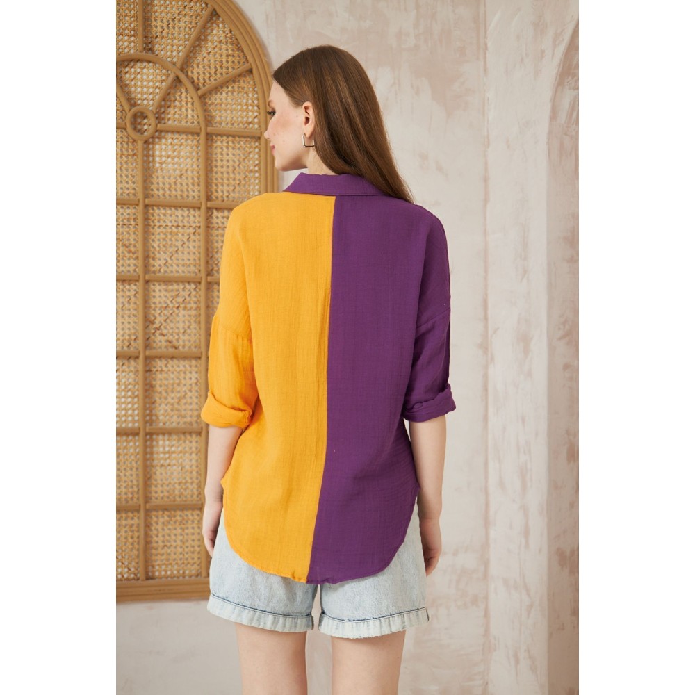 Pasaklı Giyim Pasaklı Giyim Kadın Müslin %100 Pamuk Salaş Gömlek Mor-Turuncu - Premium Kadın Giyim