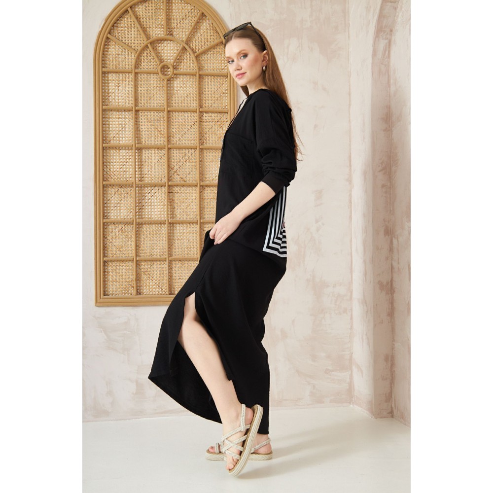 Pasaklı Giyim Pasaklı Giyim Kadın Sırtı Baskılı Kapüşonlu Elbise Siyah - Premium Kadın Giyim