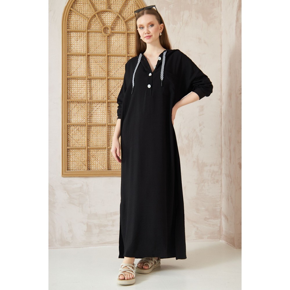 Pasaklı Giyim Pasaklı Giyim Kadın Sırtı Baskılı Kapüşonlu Elbise Siyah - Premium Kadın Giyim