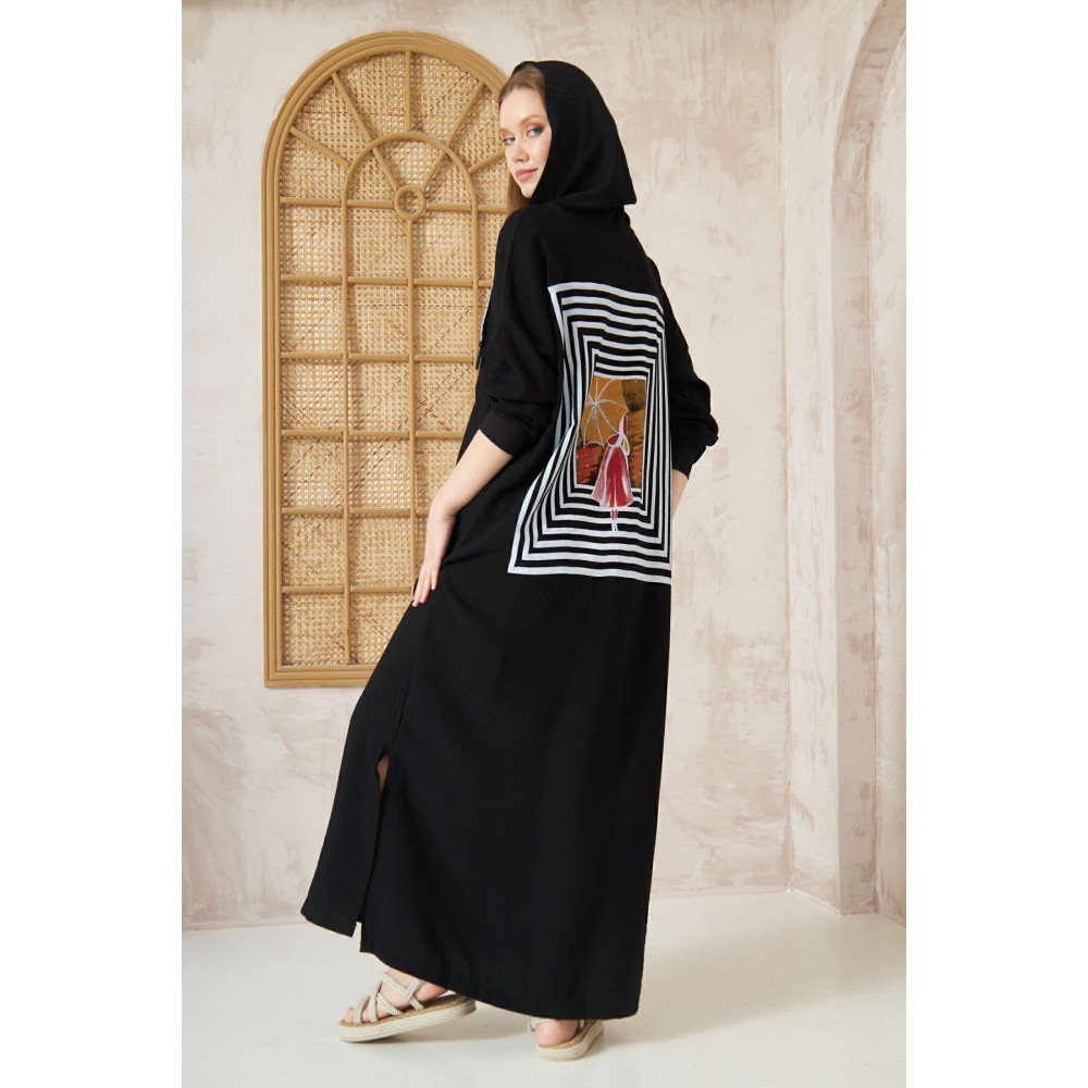 Pasaklı Giyim Pasaklı Giyim Kadın Sırtı Baskılı Kapüşonlu Elbise Siyah - Premium Kadın Giyim