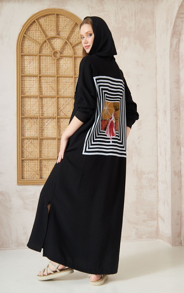 Pasaklı Giyim Kadın Sırtı Baskılı Kapüşonlu Elbise 3225550 Siyah