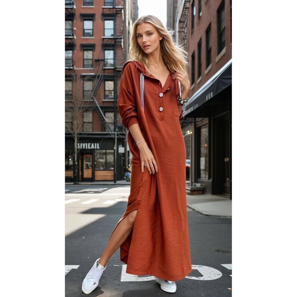 Pasaklı Giyim Pasaklı Giyim Kadın Sırtı Baskılı Kapüşonlu Elbise Kiremit - Premium Kadın Giyim