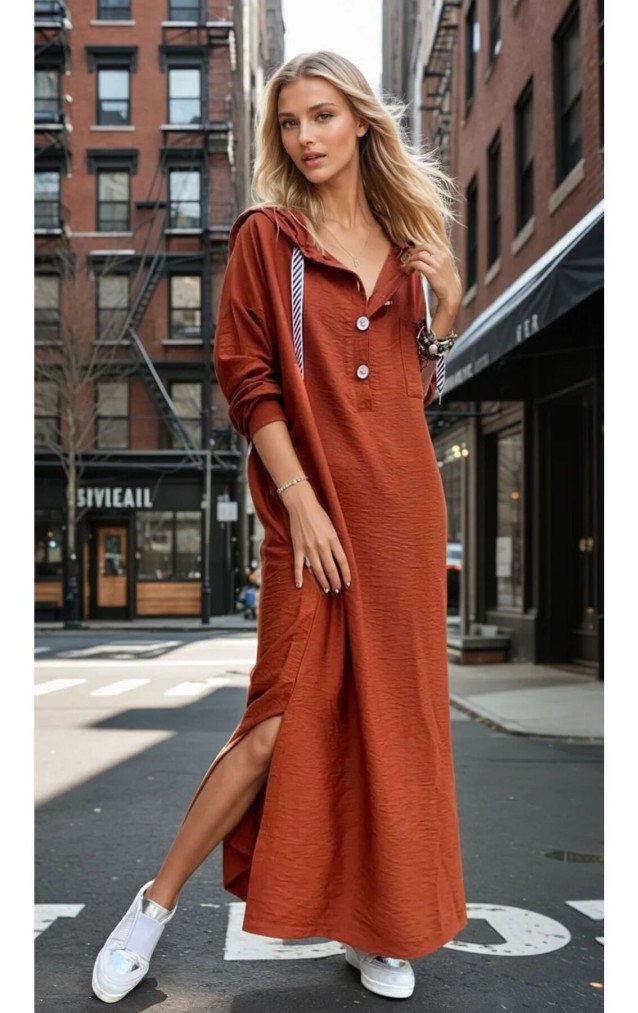 Pasaklı Giyim Kadın Sırtı Baskılı Kapüşonlu Elbise 3225550 Kiremit