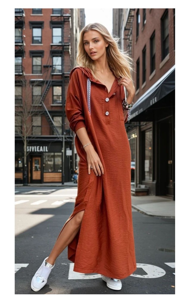 Pasaklı Giyim Kadın Sırtı Baskılı Kapüşonlu Elbise 3225550 Kiremit