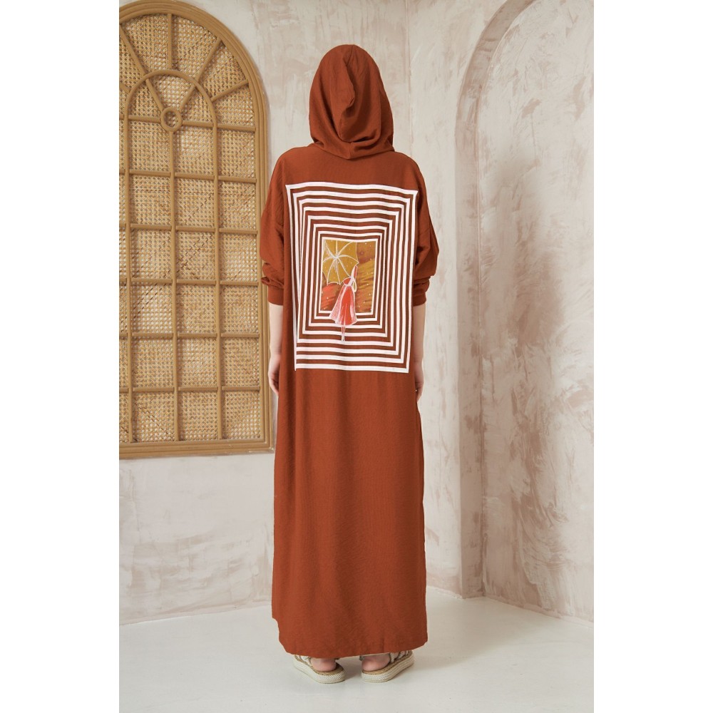 Pasaklı Giyim Pasaklı Giyim Kadın Sırtı Baskılı Kapüşonlu Elbise Kiremit - Premium Kadın Giyim