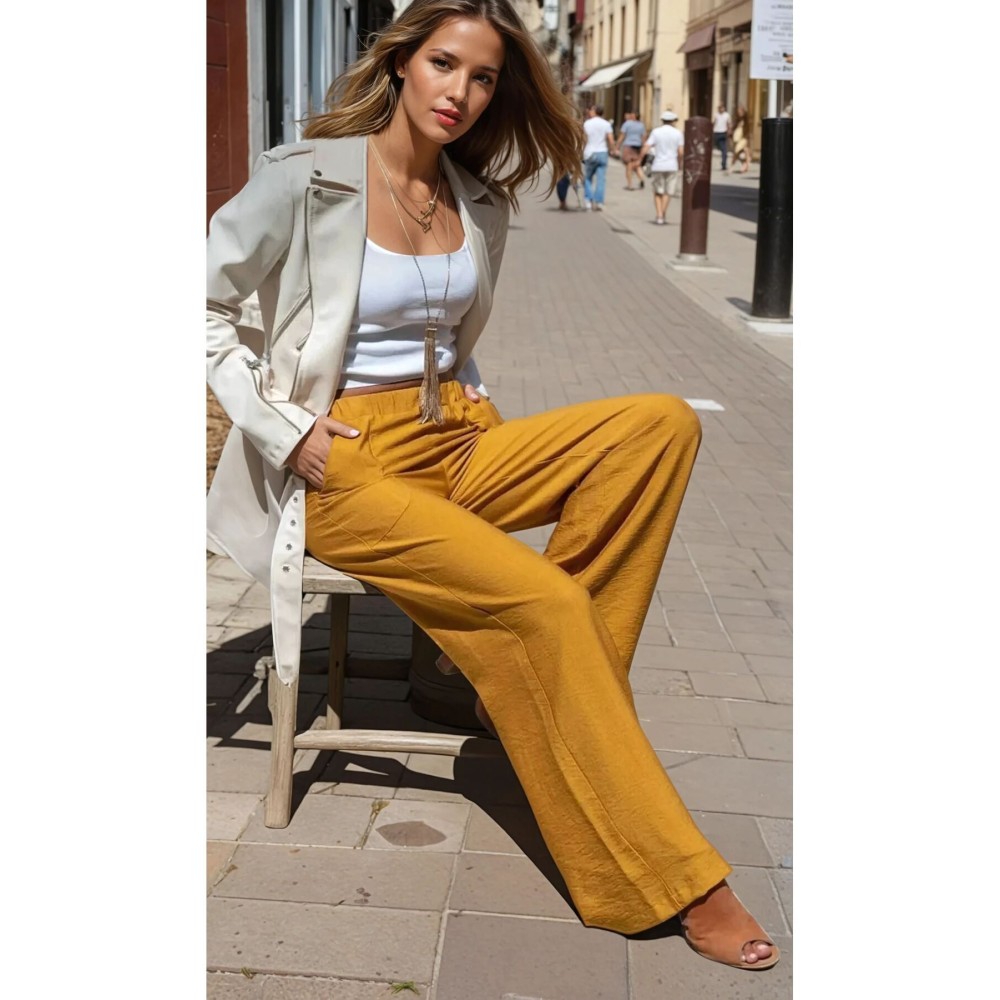 Pasaklı Giyim Pasaklı Giyim Kadın Keten Dokulu Pantolon Hardal - Premium Kadın Giyim