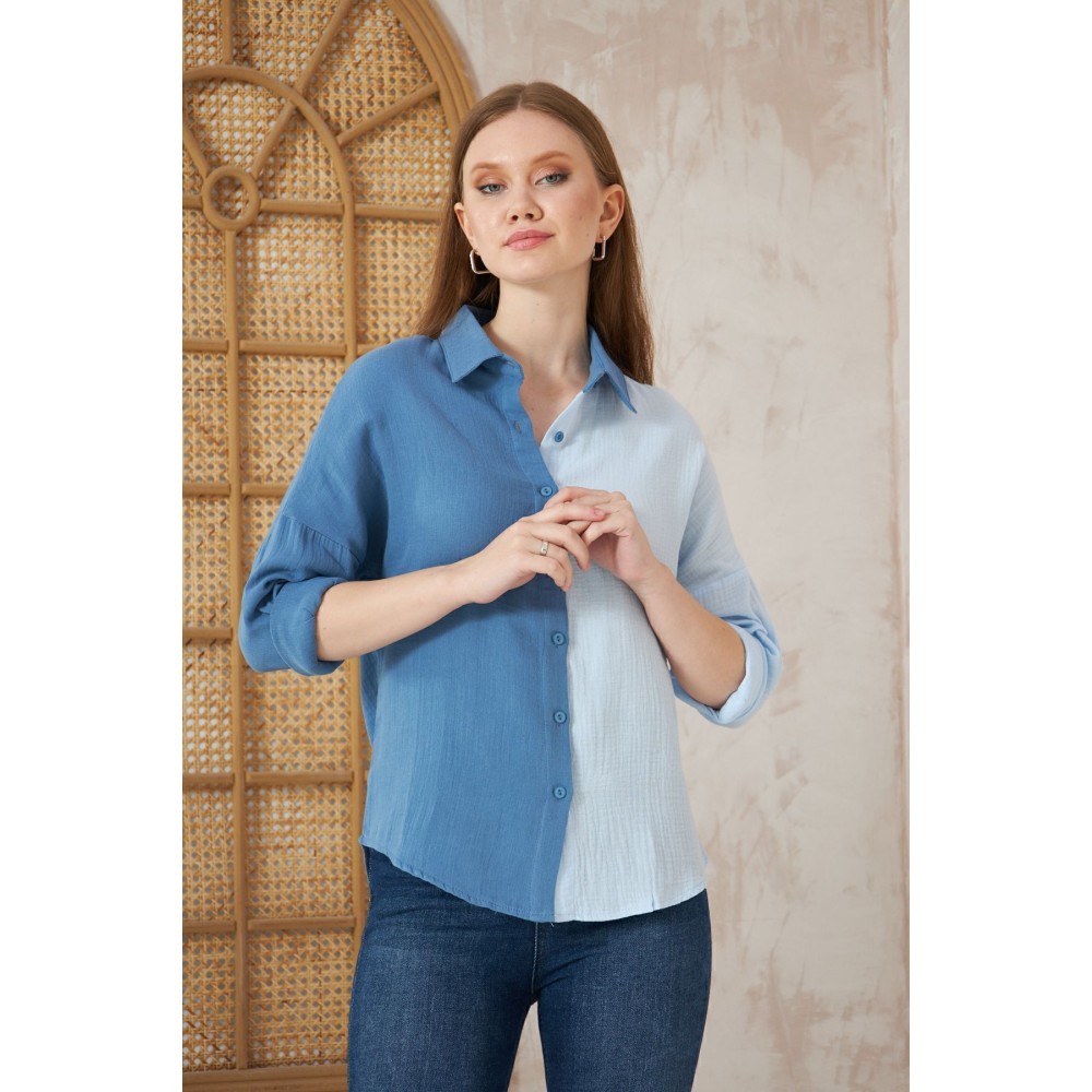 Pasaklı Giyim Pasaklı Giyim Kadın Müslin %100 Pamuk Salaş Gömlek Mavi-Beyaz - Premium Kadın Giyim