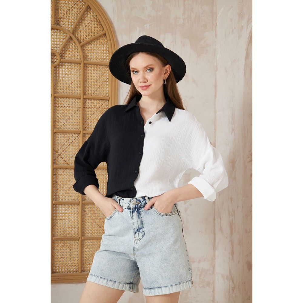 Pasaklı Giyim Pasaklı Giyim Kadın Müslin %100 Pamuk Salaş Gömlek Siyah Beyaz - Premium Kadın Giyim