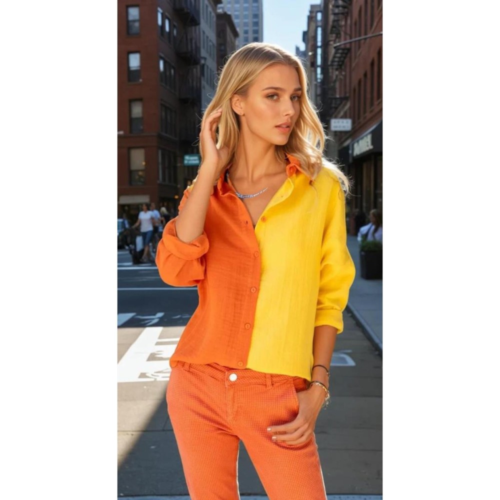 Pasaklı Giyim Pasaklı Giyim Kadın Müslin %100 Pamuk Salaş Gömlek Turuncu-Sarı - Premium Kadın Giyim